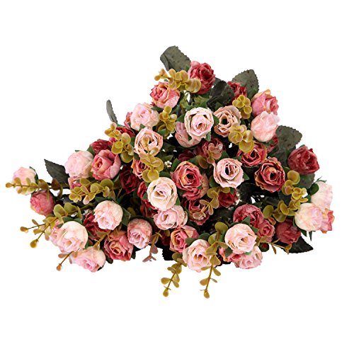 Künstliche Seiden-Blumen mit Stielen und Blättern, Rosen, Hochzeits-Dekoration, Sträuße, 2 Stück Pink Coffee - 6