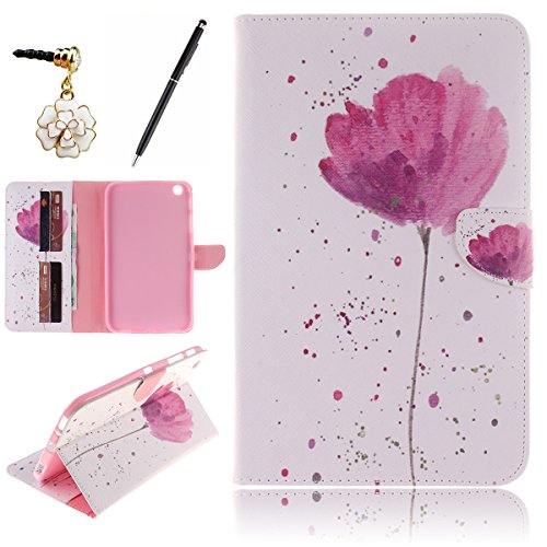 HB-Int 3 in 1 PU Leder Hülle für Samsung Galaxy Tab 3 SM-T310 T311 T315 8.0" Brieftasche Etui Stand Funktion Flip Wallet Case Book Style Cover Rosa Blume Multifunction Modicsh Holder Tablet Schutzhülle Dünn Slim Bumper Zubehör mit Stylus Pen und Staub Stecker