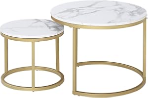 JZGORC Set di 2 Tavolino Rotondo, Tavolino da Caffè Incorporato, Piano con Motivo in Marmo, Gambe in Metallo Placcato Oro, Adatto per Soggiorno, Caffetteria, Lounge (60*45 cm e 40*35 cm) - Oro Bianco