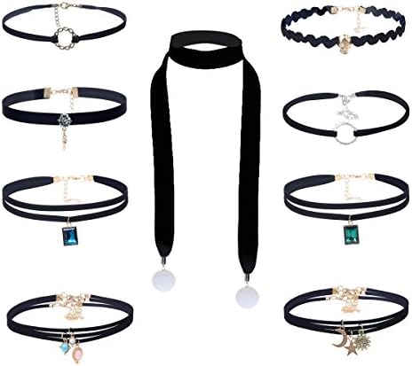 Elegant Rose Choker Necklaces Sets Stretch Tatto Choker for Women Girls, Black (black 9pc)