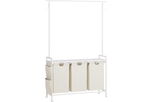 KIMENICH Cesto Portabiancheria 3 Scomparti con Barra Appendiabiti, Cesto per la Biancheria con Ruote, Borsa Portaoggetti, Gancio, Rimovibile, Telaio in Metallo, 3 x 46 L, Bianco