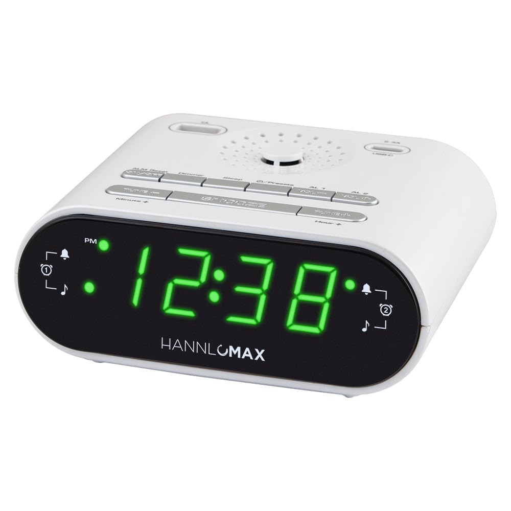 HANNLOMAX HX-158CR Alarm Clock Radio, FM Radio, 0.7" LED Display, 1 USB Port for 1A Charging & 1 USB Port for 2.4A Type-C Charging, AC Operation only (White)