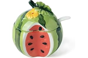 YAMKNICE Azucarero de cerámica con forma de fruta pintado a mano, tarro para especias, tarro para condimentos con tapa y cuchara, tarro para sal con forma de fruta de cerámica (Sandía)