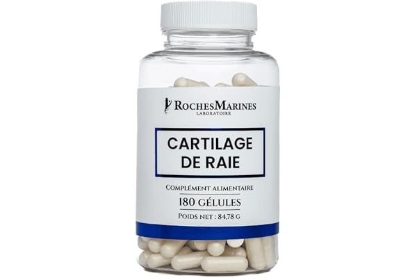 Roches Marines - Complément alimentaire Cartilage de raie - Soutien des articulations - Source de calcium, phosphore, collagène, glucosamine, chondroïtine - 180 gélules - Développé en France