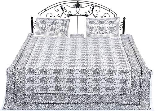 Exotic India White and Black Bedspread from Pilkhuwa with Block-Printed Elephants and Flowers - Pure