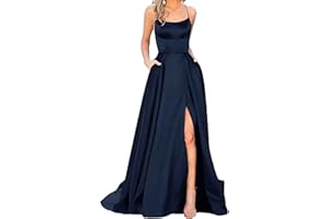 xxxiticat Damen Elegant Lange Ballkleider mit Taschen Satin A-Linie Backless Hochzeitskleid Abendkleider Sexy Neckholder Spaghetti Brautkleid Kleider Lang Prinzessin Brautjungfer Kleid