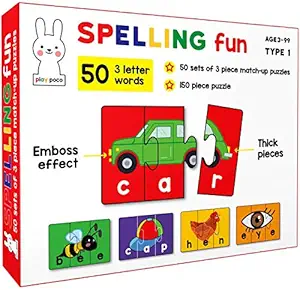Play Poco Spelling Fun Type 1 - 150 Pieces Spelling Puzzle Cardboard - Learn to Spell 50 Three Letter Words - Beautiful Colorful Pictures (Age 4+) Red