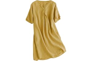 FTCayanz Donna Vestiti Estivi Scollo V Manica Corta Sciolto Casual Vestito Dress in Lino