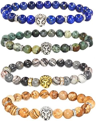 JILIN Unisex Mens Bracelets Set - Lava Rock Black Matte Agate Dragon Vein Agate Tiger Eye's Stone Beads Bracelet, Gold & Silver Plated Lion Head (Lapis/Brazil Turquoise/Picasso Stone/Picture Jasper)