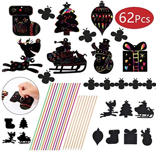 ONECK 62Stk Kinder Kratzbilder Basteln Set Weihnachtsdeko DIY Kinder Kunstdruckpapier für Kinder Basteln Weihnachtsbaumschmuck Weihnachtsanhänger Weihnachten Schmierpapier