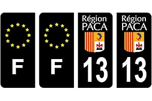 HADEXIA Lot 4 Autocollants Plaque immatriculation département 13 Bouches-du-Rhône Ancien Région PACA Noir Couleur & F France Europe