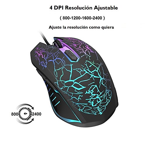 VersionTECH  Rat  n Gaming con Cable hasta 2400 DPI Rat  n Ergon  mico   ptico para Juegos con 7 Colores Luz LED 6 Bot  n Gaming Mouse Wired para PC Ordenadores Port  til Mac Negro 