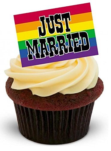 Preisvergleich Produktbild FRISCH VERHEIRATET REGENBOGEN HOMOSEXUELL PAAR Design - Spaß-neuheit PREMIUM AUFRECHT STEHEND Essbare Wafer-papier Kuchen Spitzenwerken Dekoration