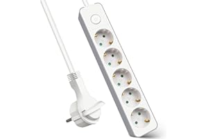 EXTRASTAR Regleta Enchufe con 5 Tomas, Alargador Enchufe con Interruptor, 3 m, para El Hogar, La Oficina y Los Viajes, 3680W, 3G*1.5mm², Blanco, 1pc