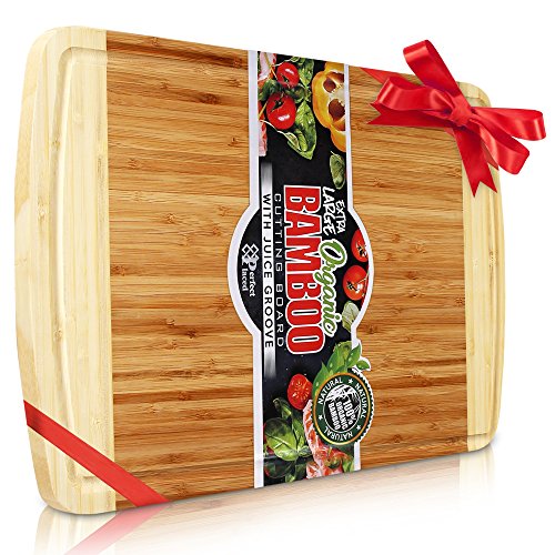Perfect Placed® Extra Großes Bio Bambus Schneidebrett | Neue Anti- Riss-Technologie & Lebenslange Ersatz-Garantie - Premium Holz Schneidebretter für die Küche - mit Saftrille für Fleisch (30x45cm)