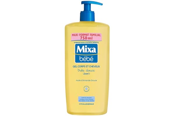 Mixa Bébé Gel 2 en 1 Corps et Cheveux Très Doux - À l'Huile d’Amande Douce -Hypoallergénique - pH Neutre - Maxi Format Familial 750 ml