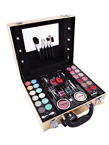 Paris Memories Gold Vanity Case Beauty Contouring Kit Cosmetic Set Gift Travel Make Up Box Train Storage 42 Piece Mirror & Light