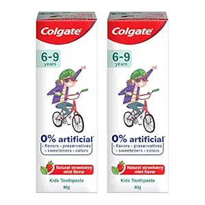 Colgate Kids Cavity Protection Toothpaste 6-9 Years, 160g (80g x 2), Natural Strawberry Mint Flavour, 0% Artificial