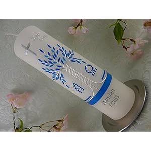 Taufkerze Lebensbaum blau silber Kreuz Alpha und Omega Taufkerzen Junge Mädchen 250/70 mm mit Name und Datum