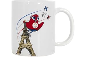 PARIS 2024, CJO40032, Mug Céramique Mascotte Tour Eiffel Blanc 30 cl, Produit Officiel sous Licence, Tasse avec Anse en Grès, Accessoire Parfait pour Savourer vos Boissons Préférées