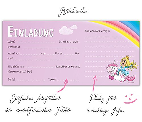Prinzessin Einladungskarten mit Umschlägen (12er Set) zum Kindergeburtstag mit einem niedlichen, süßen Einhorn – Geburtstag-Einladungen für die Party bzw Feier in rosa und pink, ideal für Mädchen - 5