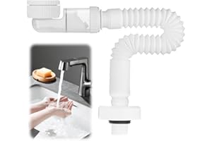 DASIAUTOEM Syfon 1 1/4", oszczędzający miejsce, regulowany syfon, elastyczny wąż odpływowy, bezzapachowy, elastyczny syfon, wymienna rura ściekowa (biały)