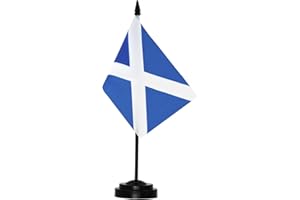 ANLEY Scotland Deluxe Desk Flag Set - 6 x 4 Inch Miniature Scottish Desktop Flag with 12" Solid Pole - Vivid Color and Fade Resistant - Black Base and Spear Top