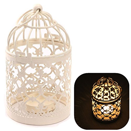 1xToruiwa Candlestick Birdcage Shape Metal Tealight Candle Holder Hollow Out Lanterns Craft for Wedding Home Table Decoration 14 * 8cm White