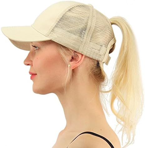 YOUFAN Women Girl Ponytail Messy High Buns Trucker Ponycaps Ponycap Adjustable Mesh Trucker Baseball Cap Hats (Beige)