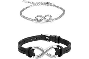 Flongo Joyería El Amor Infinito Pulsera de Cuero Hombre Mujer, Diseño Elegante Brazalete Charms, Ajustable de Uso a Diario, 7 Colores Disponibles (Negro-Plate)