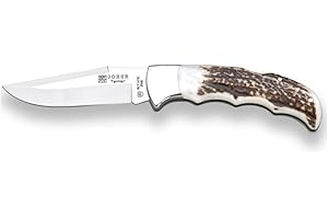 Joker Navaja de Caza Terrier NC17, Mango de Asta de Ciervo, Hoja de 9 cm MOVA, Lomo dentado, Herramienta de Pesca, Caza, Camping y Senderismo