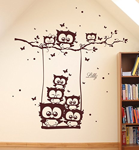 ilka parey wandtattoo-welt® Wandtattoo Wandsticker Eulenwandtattoo Eulen auf Schaukel Eulenbaum Eule mit Wunschnamen Schmetterlingen und Punkten Aufkleber Sticker M1577 – ausgewählte Farbe: *Schokobraun* ausgewählte Größe: *L 100cm breit x 100cm hoch - 2