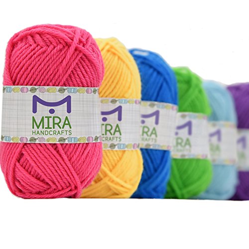 Premium-Garn Pack – 8x30g Acryl Regenbogen Farben Garnstränge – je 60 m lang – ausgezeichnet für kleine und Kinder Garnprojekte, Basteln, Stricken, Häkeln und vieles mehr – Gratis Geschenke – 2 Häkelnadeln , 2 Webnadeln – Qualitativ hochwertige Ware von MiraHandcrafts - 4