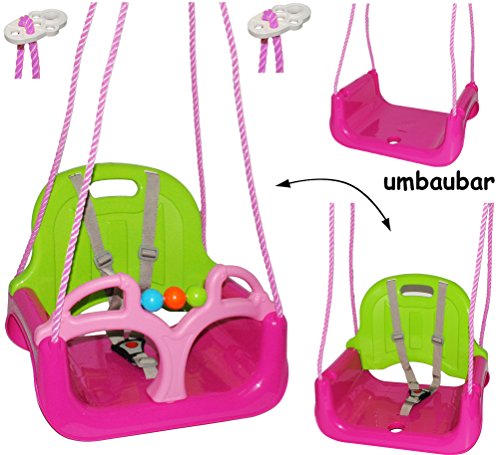 mitwachsende - Babyschaukel / Gitterschaukel mit Gurt - " ROSA / PINK " - leichter Einstieg ! - mitwachsend & verstellbar - 100 kg belastbar - Kinderschaukel ab 1 Jahre - mit Rückenlehne & Seitenschutz - Schaukel für Kinder - Innen und Außen / Garten - für Baby´s - aus Kunststoff / Plastik - Kunststoffschaukel - Mitwachsschaukel bunt - Sicherheitsgurt - Gitterschaukel / verstellbare Kleinkindschaukel - Baby - Indoor Outdoor