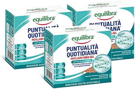 Equilibra Integratori Alimentari, Psyllium Fibra-Gel, Integratore con Fibra di Psyllio Nota per la Regolarità del Transito Intestinale e l'Assorbimento dei Nutrienti, 3 Pezzi da 20 Bustine Monodose