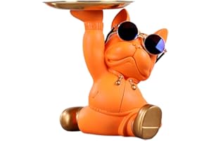 RuiDay Statua Del Bulldog Francese con Vassoio in Acciaio Inossidabile, Decorazioni Casa, Svuotatasche, Svuota Tasche da Ingresso Design, Porta Caramelle, Chiave Portaoggetti (Arancia)