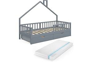 VitaliSpa Letto montessori bambini Noemi, Antracite, 90x200 cm con 2 cassetti e materasso
