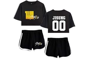 Flyself Unisexe Kpop Ensembles Shorts Yellow Wood Manches Courtes Crop Top & Short 2 Pièces Ensembles Fitness Tops Bang Chan Changbin Hyunjin Felix Seungmin Jeongin Jisung Minho Woojin