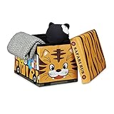 Relaxdays Faltbare Spielzeugkiste Tiger HBT 32 x 48 x 32 cm stabiler Kinder Sitzhocker als Spielzeugbox aus Kunstleder mit Stauraum ca. 37 l und Deckel zum Abnehmen für Kinderzimmer, Safari Bus