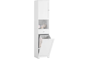 SoBuy Mobile Bagno Salvaspazio Alto con Cesto Portabiancheria 45L – Colonna Bagno Stretto 40x38x180cm con Cassetto in MDF, Ripiano Aperto e Anta Mobiletto per Lavanderia o WC BZR216-W
