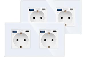 JIMEIDA 2 Paquetes Enchufe Doble con USB en Blanco, Enchufes Schuko de Cristal de 16Amp con Conector USB de Carga Rápida y Puerto Tipo C max.3.1A, Enchufe de Pared de Montaje Empotrado-