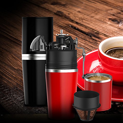 Manuelle Kaffeemaschine, Portable-Set All-in-One Kaffeemaschine Tumbler Handmühle Schleifer Nein Electric Outdoor Cappuccino Camping Wandern Reisen unterwegs … (Rot) - 3
