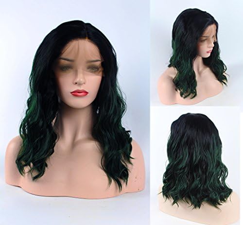 Koreatech Loose Wave Lace Front Wigs Shoulder Length Synthetic High Density Black Green Ombre Wig Two Tone Glueless with Dark Root Heat Resistant Fiber Wigs For Women(14",T1b/2614)