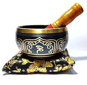 Tibetan singing bowl with beautiful design with wooden stick and cushion [Al-Arfat.industrial] (black 4.5 inch)