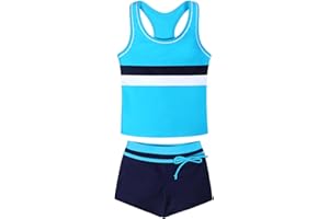 KumSoomliy Girls Swimming Costume Two Pieces Sleevless Sport Swimsuit Kids Racer Back Tops Swim Shorts Swimwear Bathing Suit with Boyshort for Girl Summer Holiday Beachwear 3-15 Years