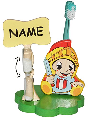 Preisvergleich Produktbild Zahnbürstenhalter / Zahnputzuhr - Ritter incl. Name - mit Sanduhr + Zahnbürste - aus Holz - Badezimmer Bad Kinderzahnbürste / Jungen - Ritterburg - für Kinder / zum Zähneputzen für 1 Minute