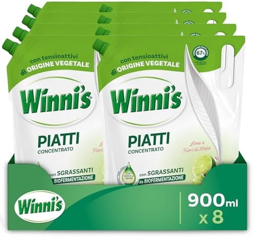 Winni's - Detersivo Piatti e Stoviglie a Mano, Lime e Fiori di Mela, Concentrato, Ipoallergenico, con Sgrassanti Naturali da Biofermentazione, Materie Prime di Origine Vegetale, 900 ml x 8 confezioni