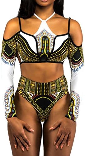 Hmeng Swimswear Women Retro Bandage Bikini Set Long Sleeve Monokini Push Up Padded Bra Swimwear Off Shoulder Swimsuit (L, White)