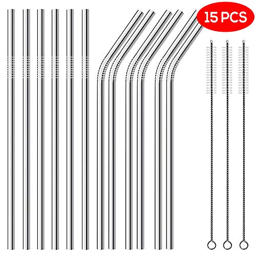 OS Oak & Steel ENGLAND Pack de 15 Pajitas Reutilizables de Acero Inoxidable - 6 Pajitas Dobladas, 6 Pajitas Rectas, 3 Cepillos de Limpieza - Ecológicas - a Prueba de óxido y Arañazos