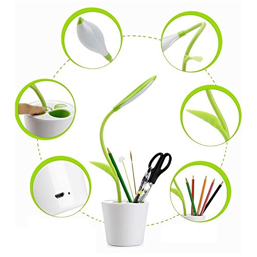 KOBWA Flexible Hals USB Touch Led Lampe mit Lampe Dreistufige Dimmer und Dekor Pflanze Bleistifthalter (Grüne) - 5